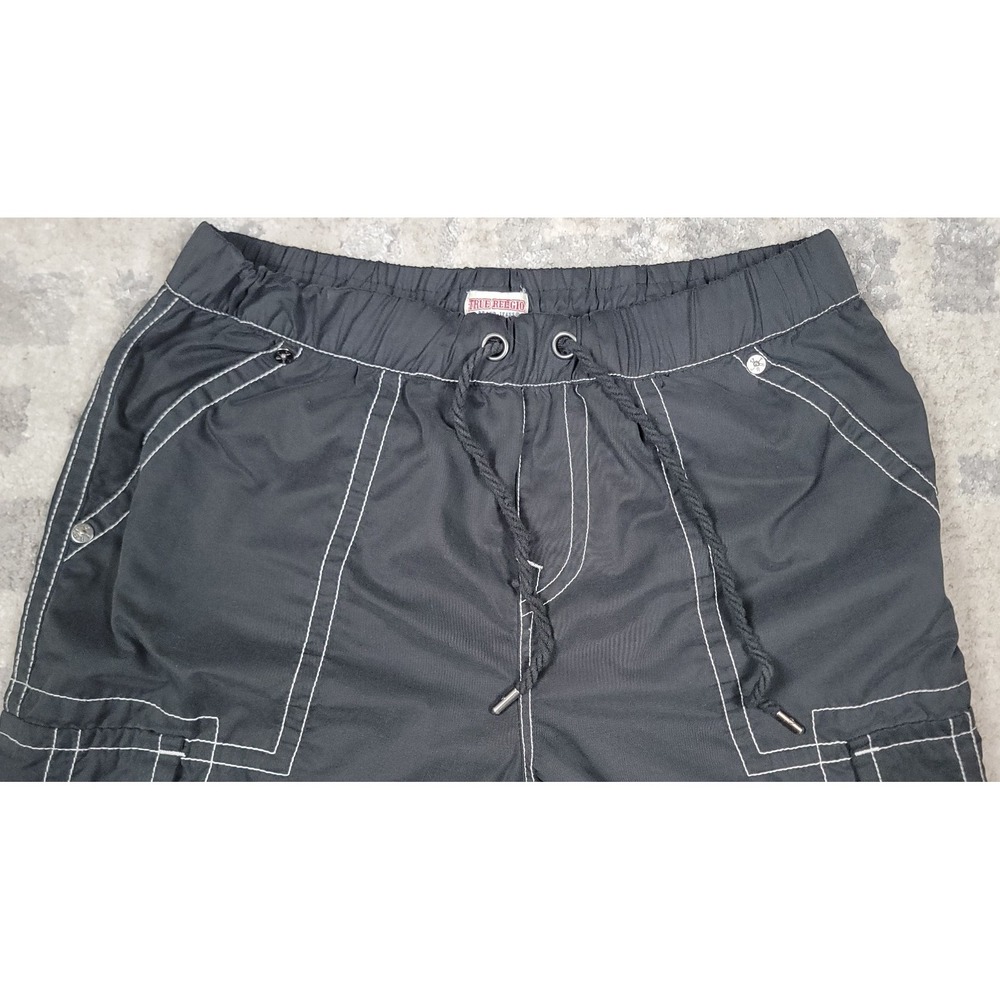True Religion Mens Black Cargo Stitching Elastic Waist Pockets Pants Sz 30-32x31 - Picture 3 of 8